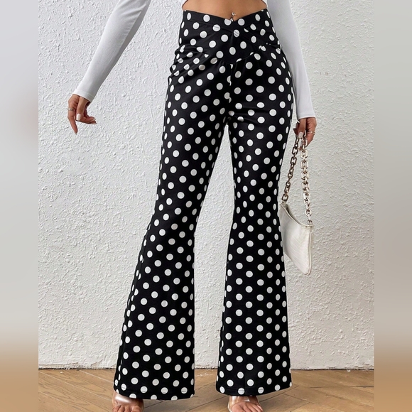 Pants - Women Casual Polka Dot Print V Waist Flare Pants